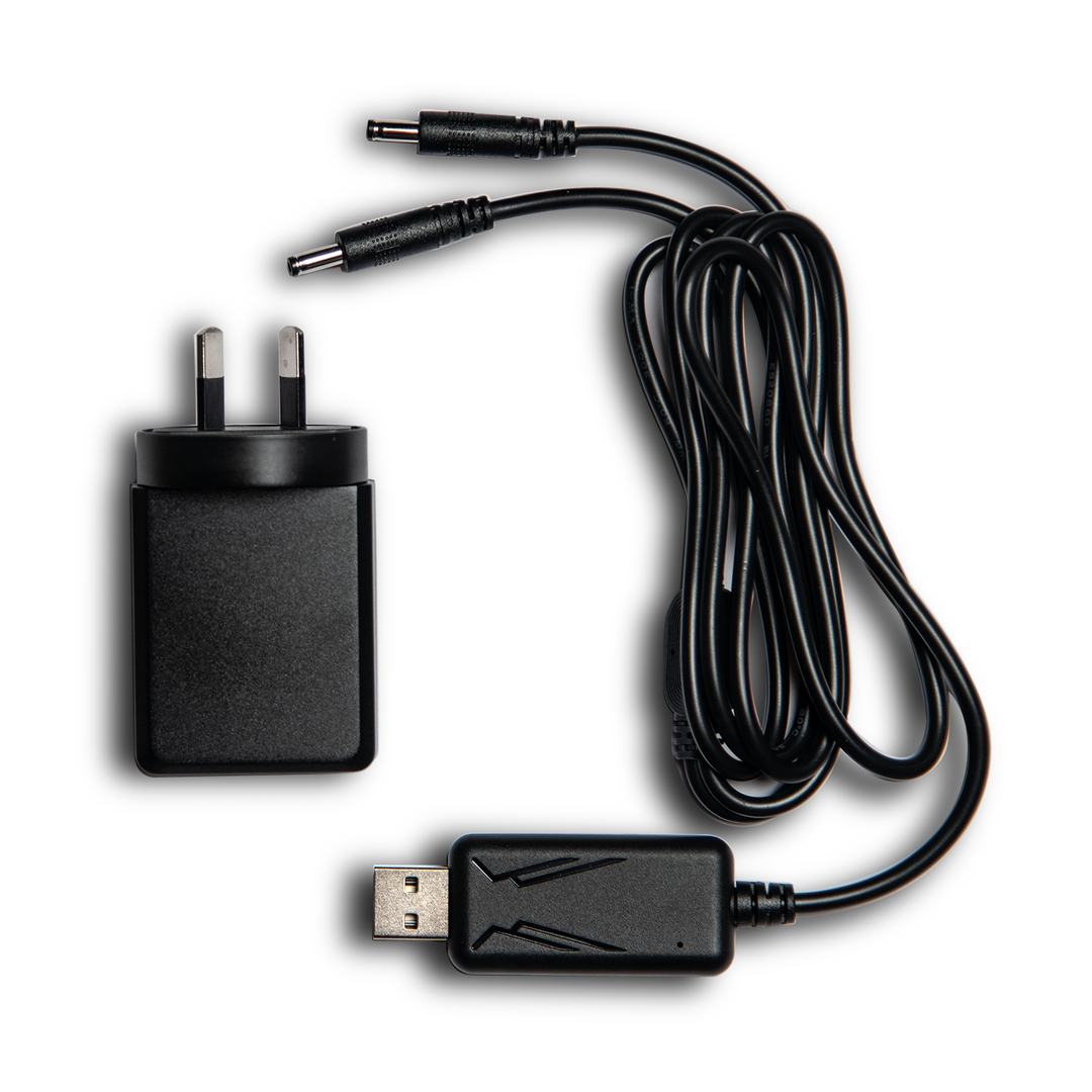 Black Australia plug wall adapter, USB cable, and USB receiver on a white background. 