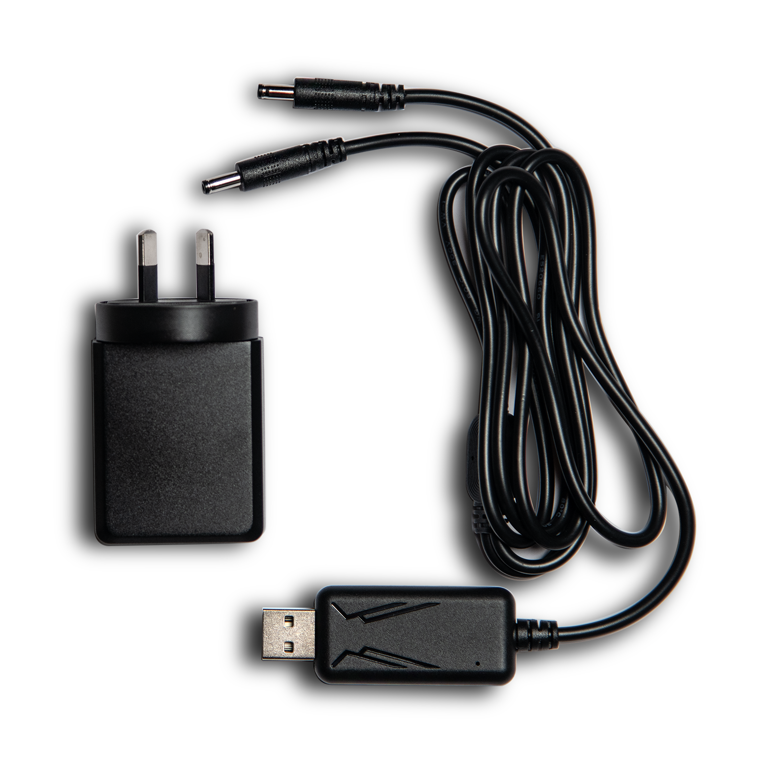 Black Australia plug wall adapter, USB cable, and USB receiver on a white background. 