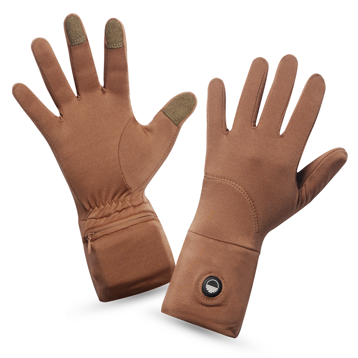 Pair of camel brown gloves with a Toasty Touch logo on power button on a white background, top and palm view