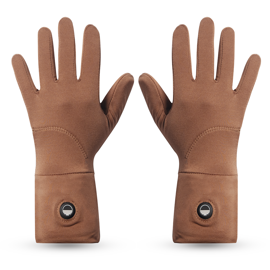 Pair of camel brown Toasty Touch heated gloves on a white background, top view