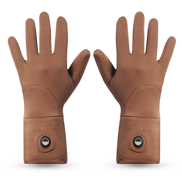 Pair of camel brown Toasty Touch heated gloves on a white background, top view