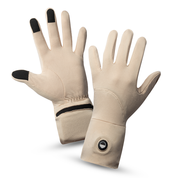 Pair of cream gloves with a Toasty Touch logo on power button on a white background, top and palm view