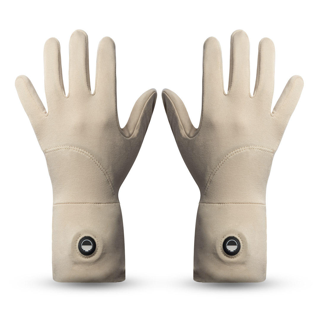 Pair of cream gloves with a Toasty Touch logo on power button on a white background