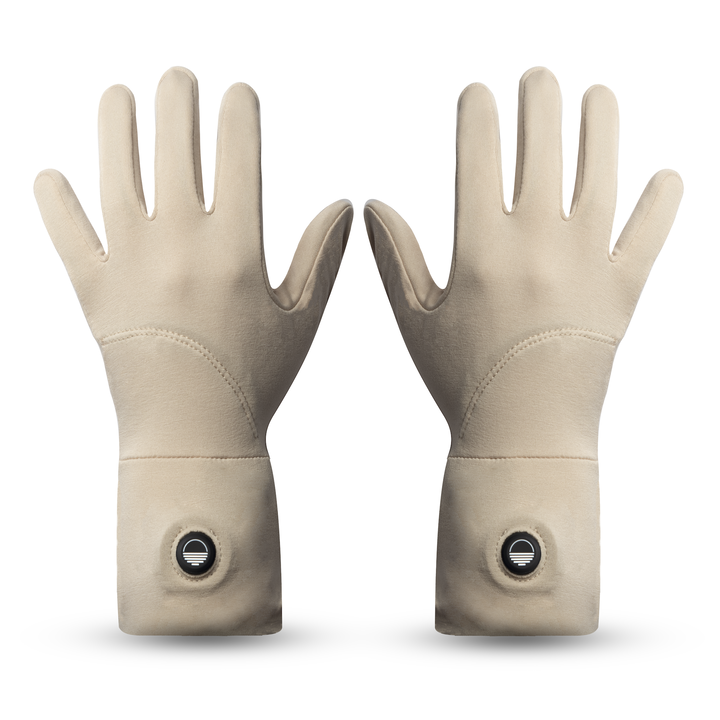 Pair of cream gloves with a Toasty Touch logo on power button on a white background