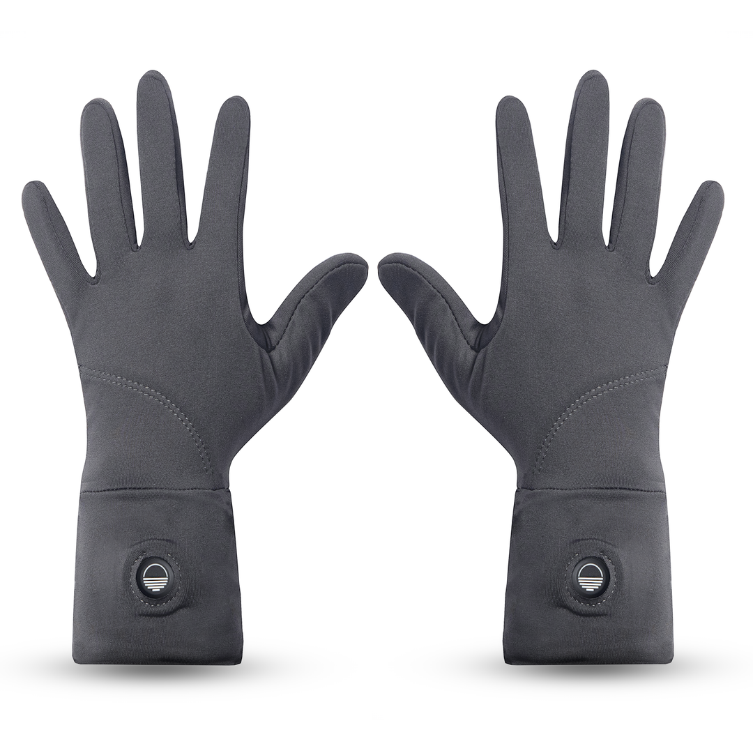 Pair of gray Toasty Touch heated gloves on a white background
