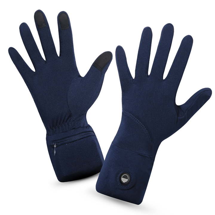 Pair of navy blue Toasty Touch gloves with black fingertips on a white background, top and palm view
