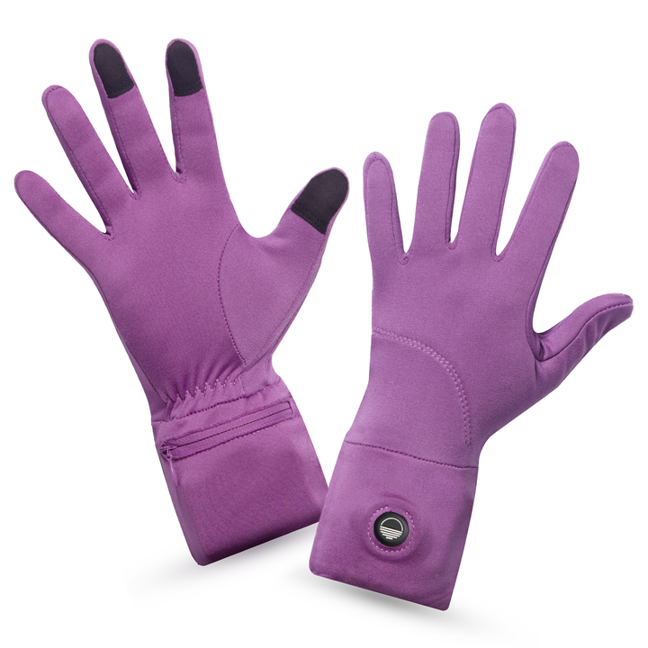 Pair of purple orchid gloves with a Toasty Touch logo on power button on a white background, top and palm view