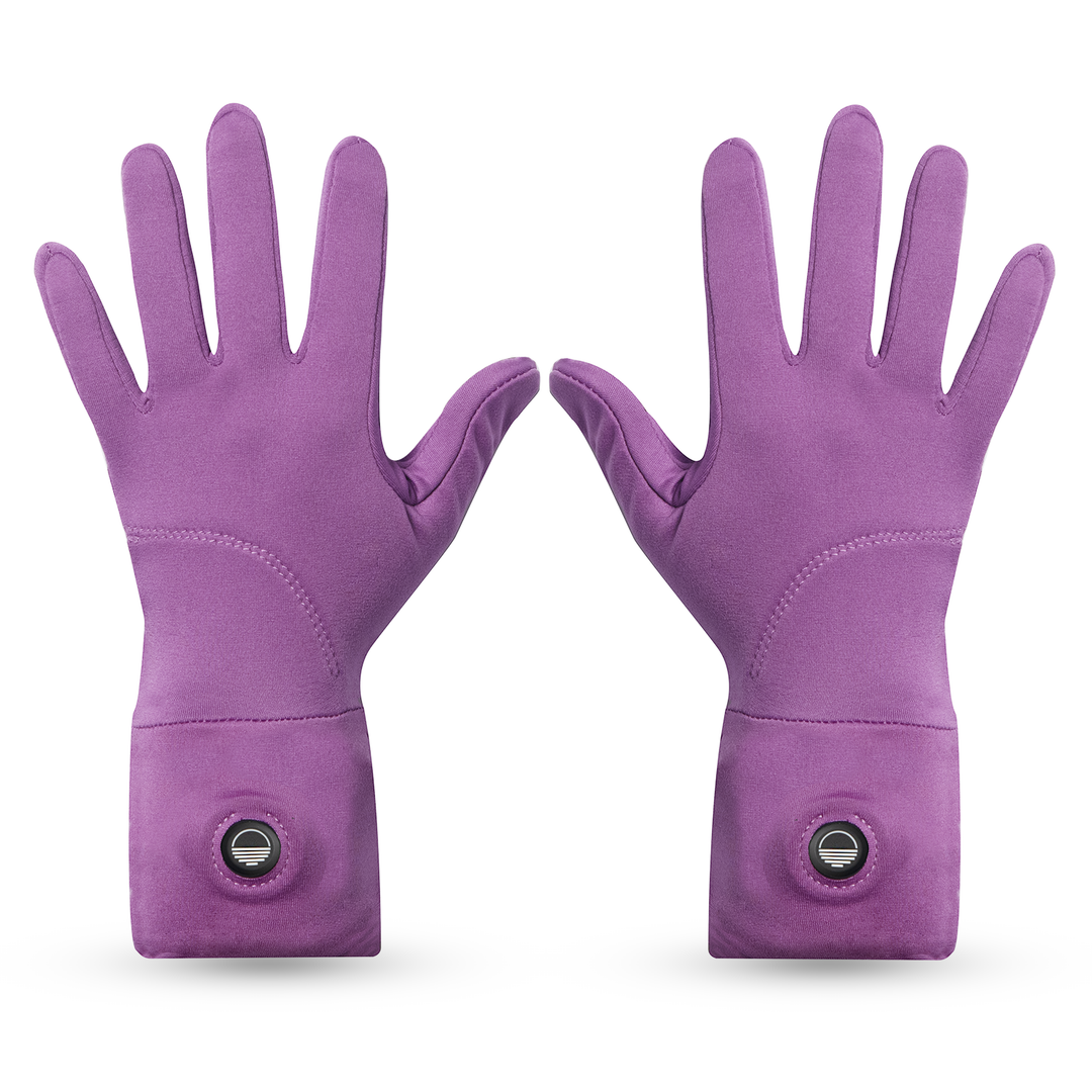 Pair of purple orchid color gloves with heating elements on a white background