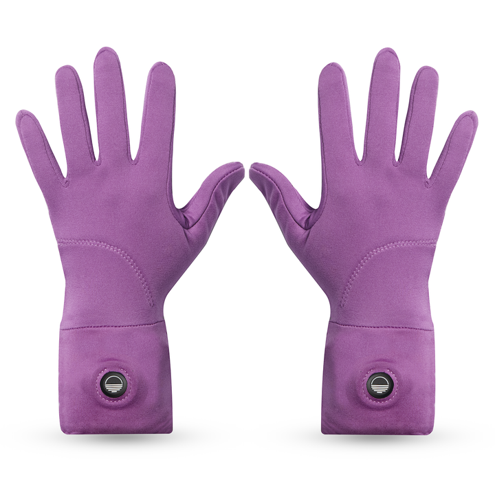Pair of purple orchid color gloves with heating elements on a white background