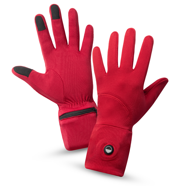 Pair of red gloves with a Toasty Touch logo on power button on a white background, top and palm view