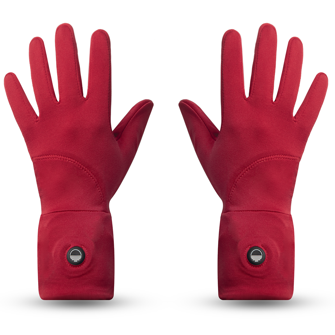 Pair of red gloves with a Toasty Touch logo on power button on a white background