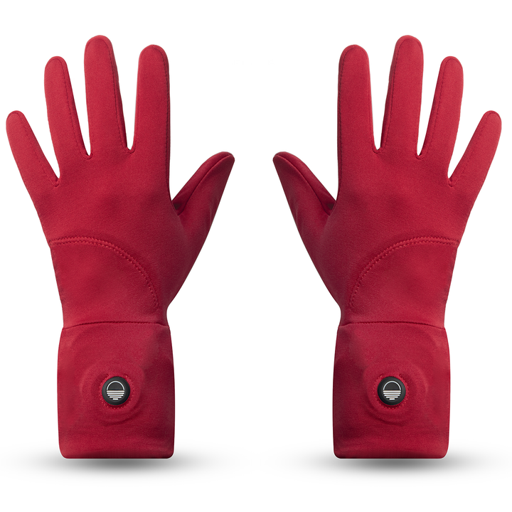 Pair of red gloves with a Toasty Touch logo on power button on a white background