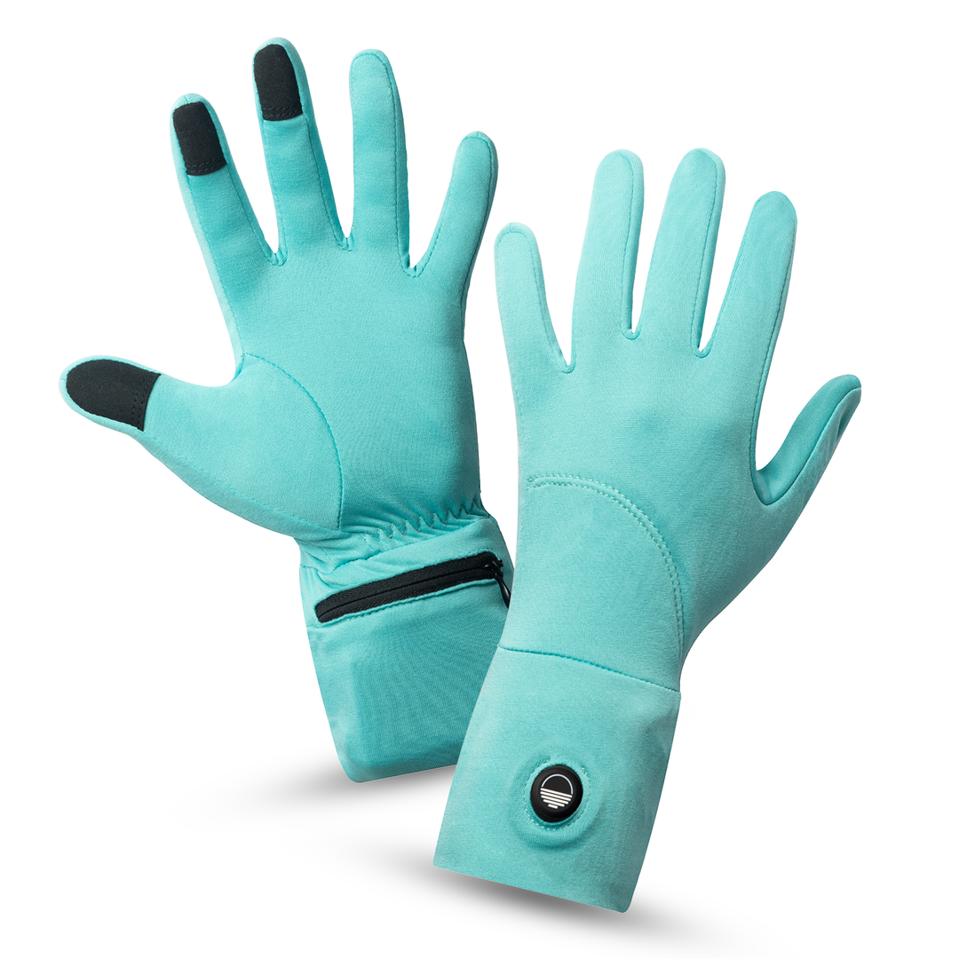 Pair of turquoise gloves with a Toasty Touch logo on power button on a white background, top and palm view