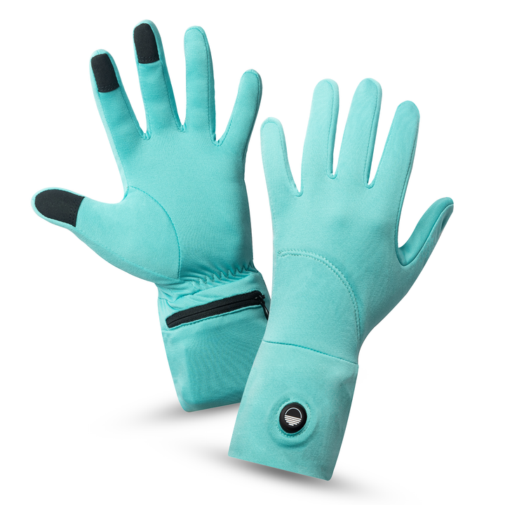 Pair of turquoise gloves with a Toasty Touch logo on power button on a white background, top and palm view