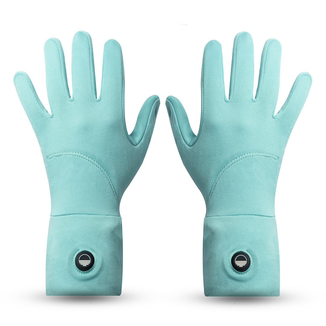 Pair of turquoise gloves with a Toasty Touch logo on power button on a white background