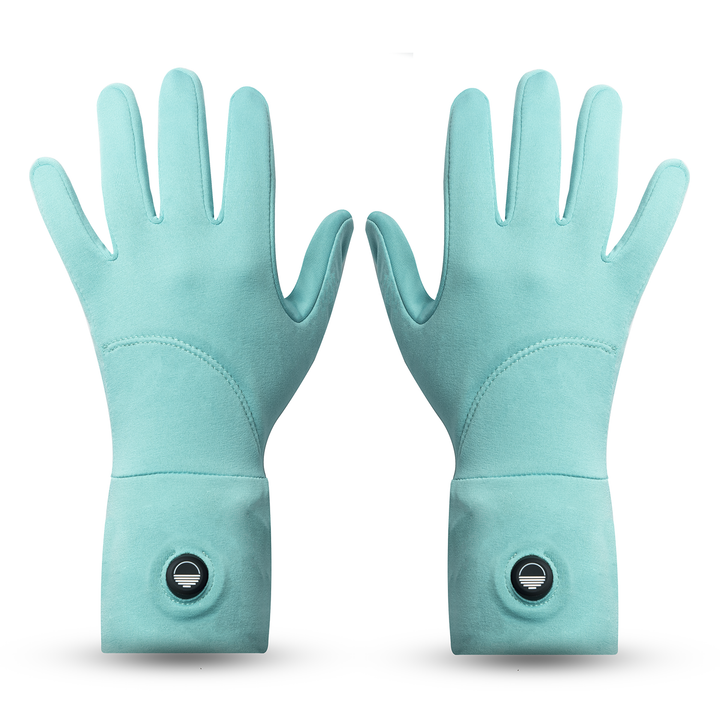 Pair of turquoise gloves with a Toasty Touch logo on power button on a white background