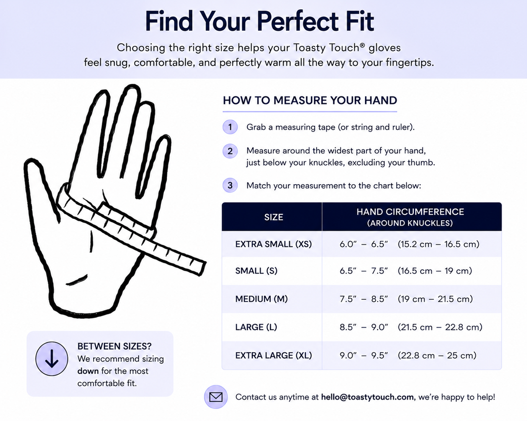 A sizing guide infographic for Toasty Touch gloves titled 'Find Your Perfect Fit'. It features a diagram of a hand with a measuring tape wrapped around it, step-by-step instructions on how to measure the hand, and a size chart listing hand circumferences for sizes XS through XL.