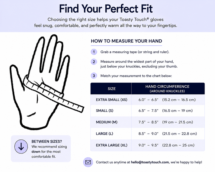 A sizing guide infographic for Toasty Touch gloves titled 'Find Your Perfect Fit'. It features a diagram of a hand with a measuring tape wrapped around it, step-by-step instructions on how to measure the hand, and a size chart listing hand circumferences for sizes XS through XL.